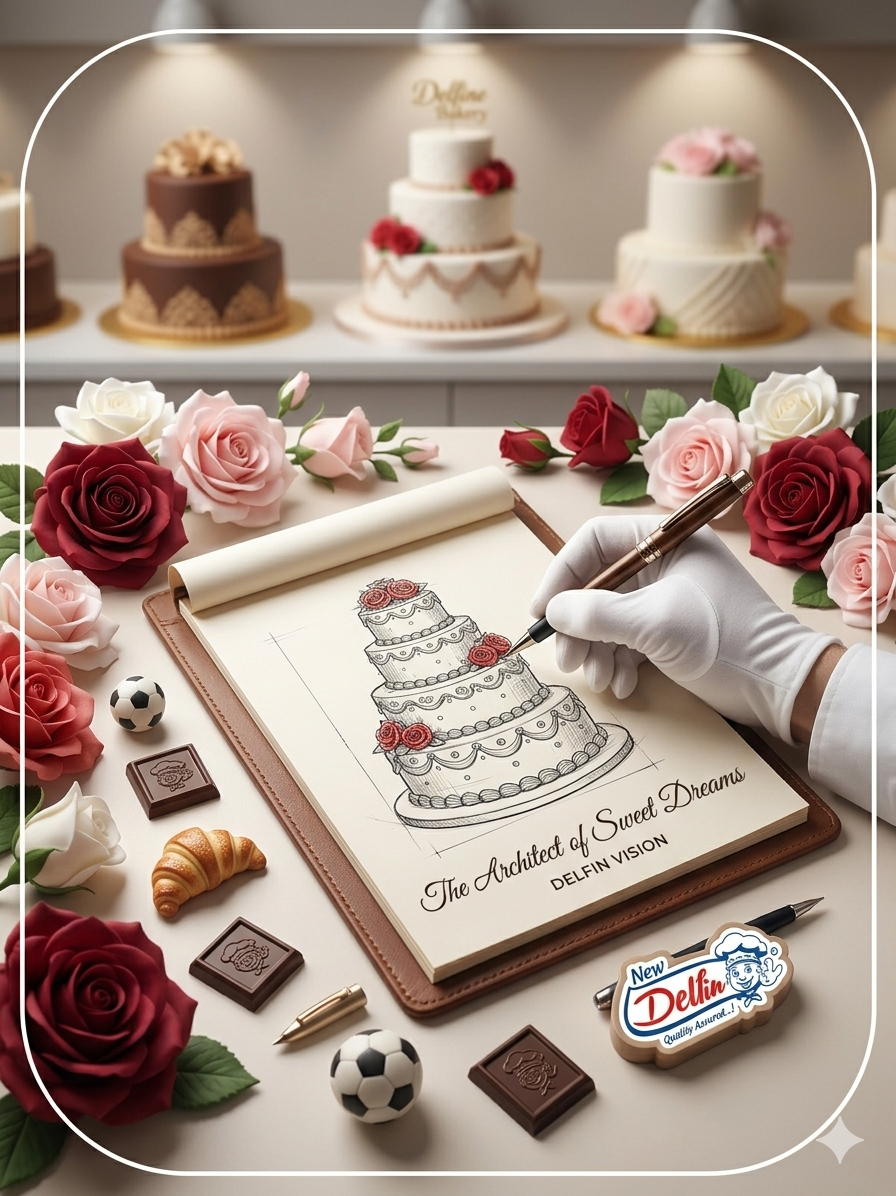 A master baker sketching a celebration cake concept
